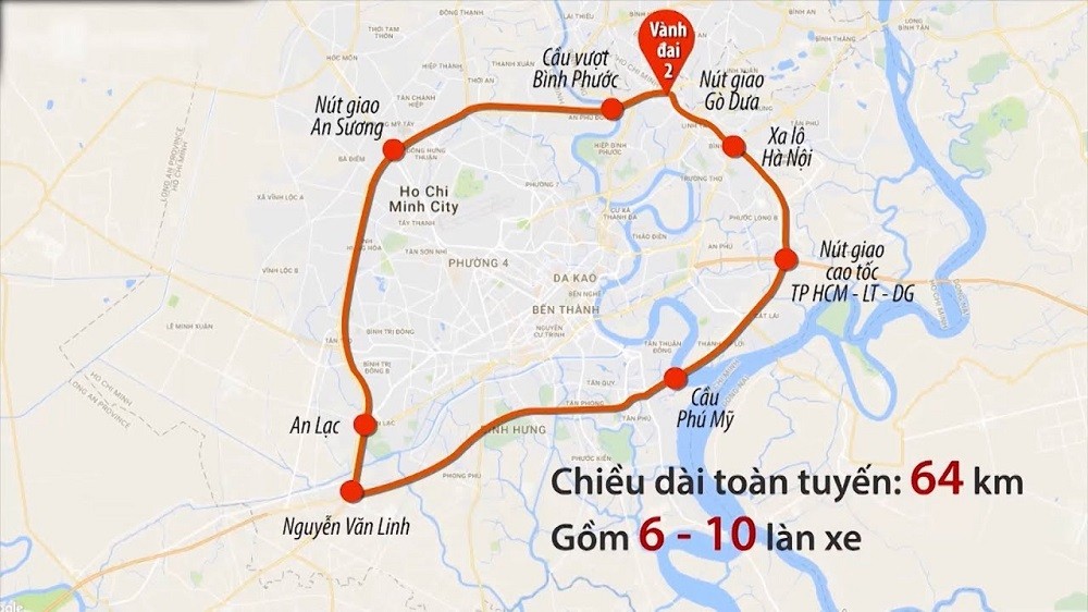 
Sơ đồ tuyến đường vành đai 2 TP Hồ Chí Minh.
