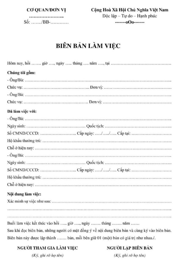 Mẫu biên bản làm việc 