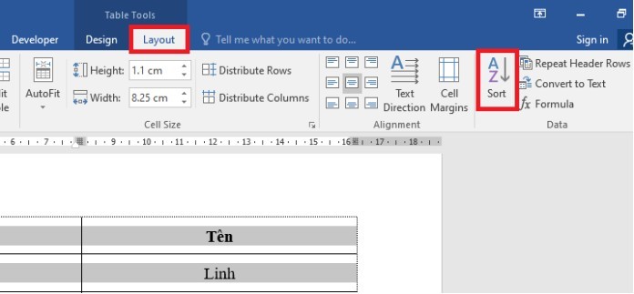 
Nhấn chọn Layout rồi Sort ở bước 1 của việc sắp xếp tên theo thứ tự
