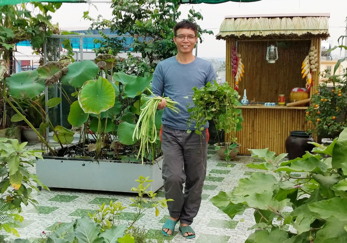 
Anh Hồng vừa thu hoạch đậu và rau má từ khu vườn của mình
