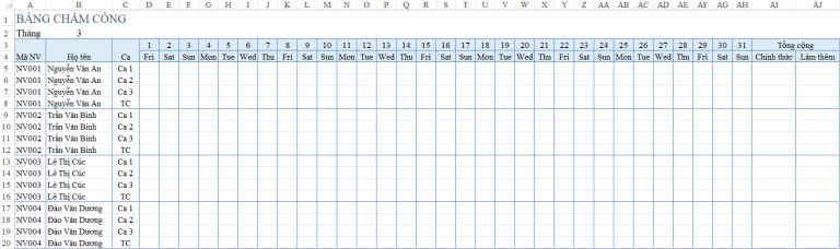 Hướng dẫn xây dựng bố cục bảng chấm công