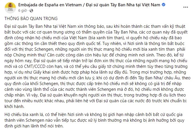 
Thông báo của Đại sứ quán Tây Ban Nha tại Việt Nam.
