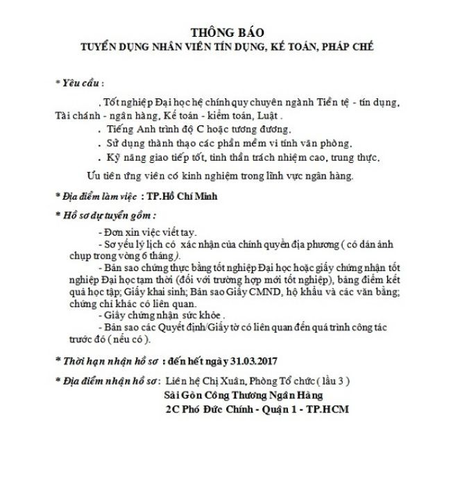 Mẫu thông báo tuyển dụng nhân sự