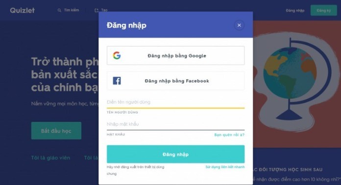 
Để có thể tham gia học tập trên Quizlet thì trước tiên cần phải tạo một tài khoản người dùng

