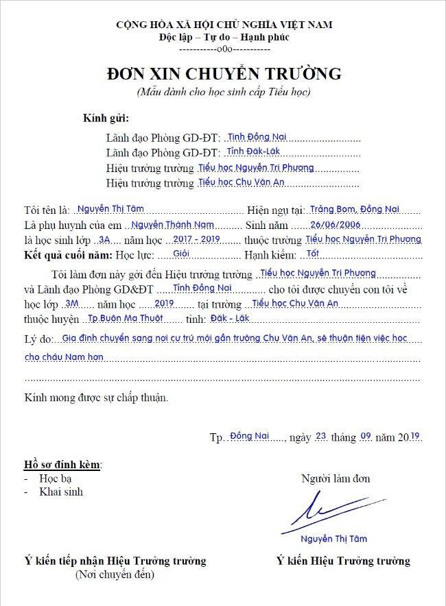 
Mẫu Đơn xin chuyển trường
