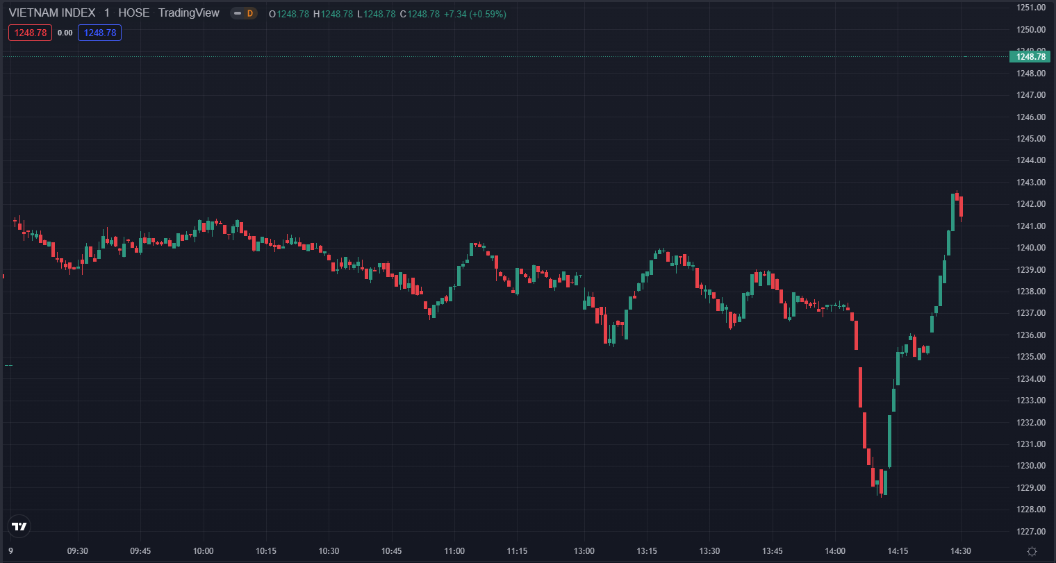 
VN-Index bất ngờ dao động mạnh về cuối ngày. Đồ thị: TradingView
