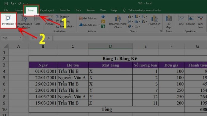 Ví trí của Pivot Table trên bảng tính excel