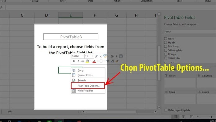 Click vào PivotTable Options