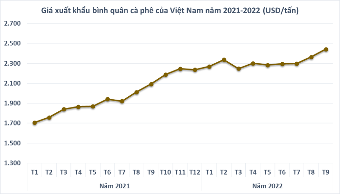 
Giá xuất khẩu bình quân cà phê của Việt Nam năm 2021 - 2022
