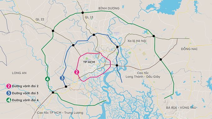
Sơ đồ 3 tuyến vành đai bao quanh TP Hồ Chí Minh.
