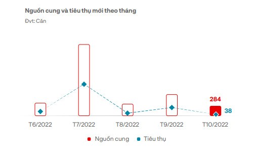 
Nguồn cung và tỷ lệ tiêu thụ nhà phố, biệt thự ở TP Hồ Chí Minh và các vùng phụ cận từ tháng 6/2022 đến tháng 10/2022. Nguồn: DKRA Việt Nam
