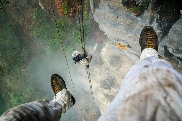 
Những thành viên trong nhóm sẽ leo xuống những vách đá cao từ 50m cho đến 300m trên một chiếc thang dây để lấy mật ong của loài ong mật to nhất trên thế giới
