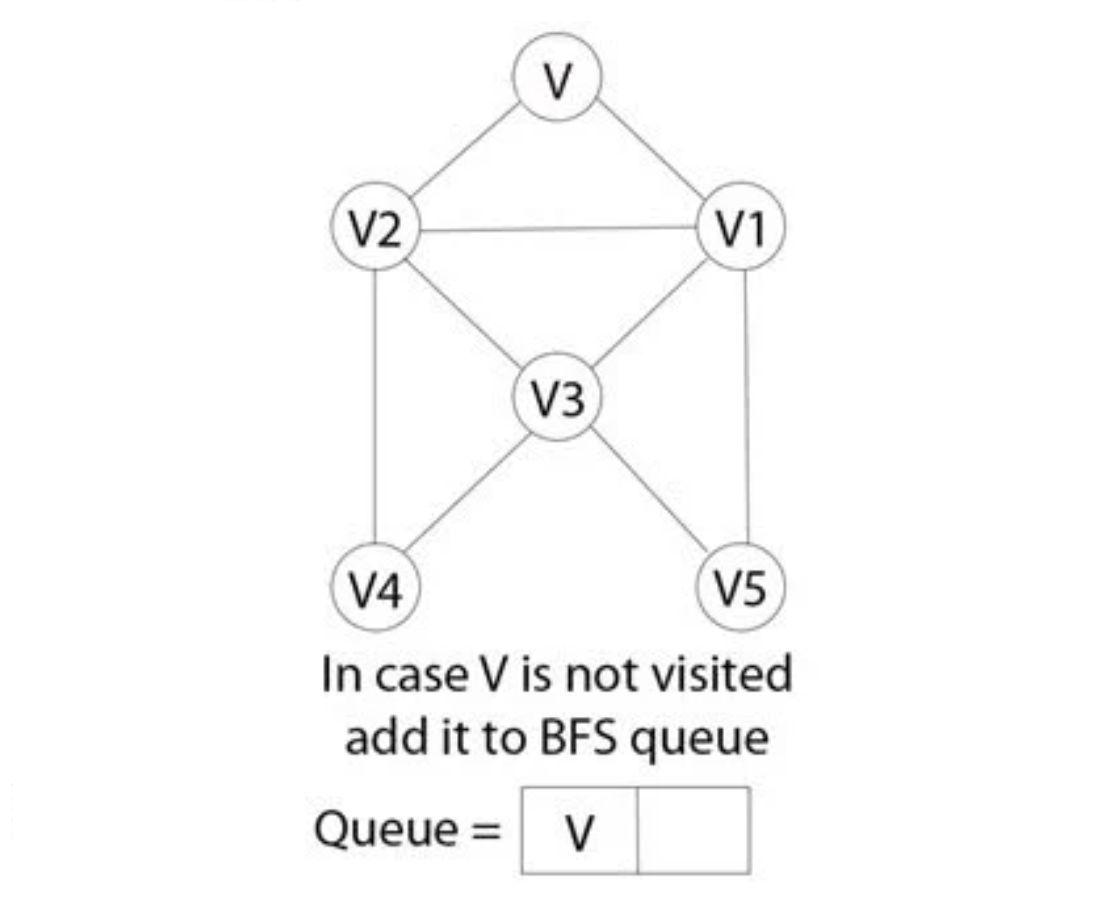 
Trường hợp chưa truy cập được đỉnh V thì thêm đỉnh V vào hàng đợi của BFS (Queue)
