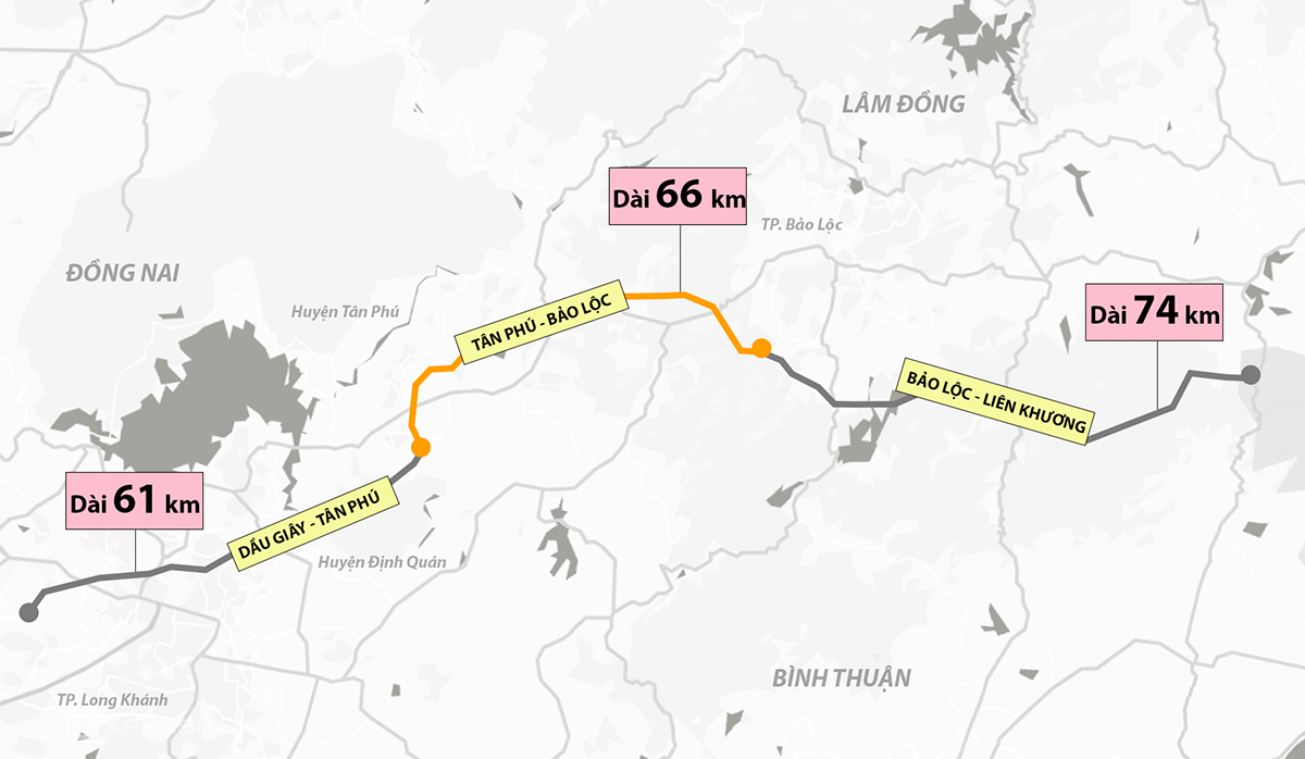
Tuyến cao tốc Dầu Giây - Liên Khương gồm 3 dự án thành phần: Dầu Giây - Tân Phú, Tân Phú - Bảo Lộc, Bảo Lộc - Liên Khương.&nbsp;
