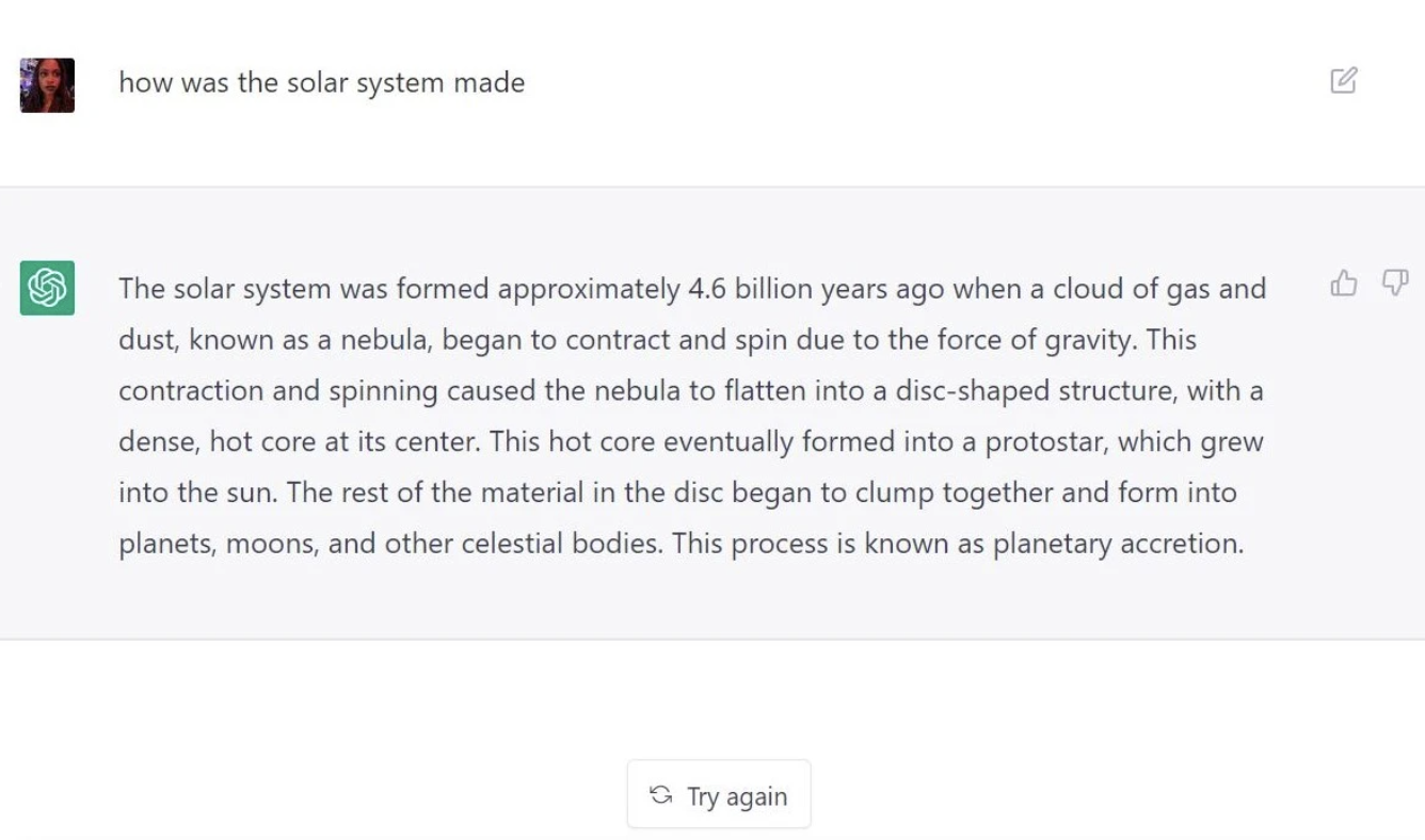 
Câu trả lời của chat bot cho lệnh "Giải thích cách hệ mặt trời được tạo ra”
