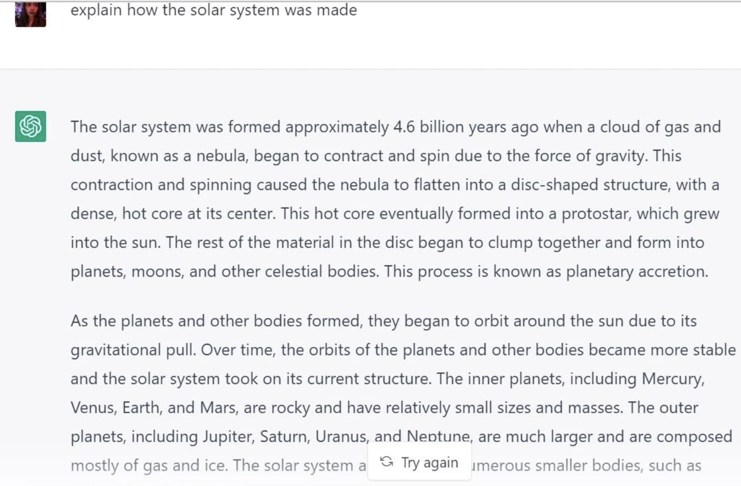 
Câu trả lời của chatbot cho câu hỏi “hệ mặt trời được tạo ra như thế nào”&nbsp;
