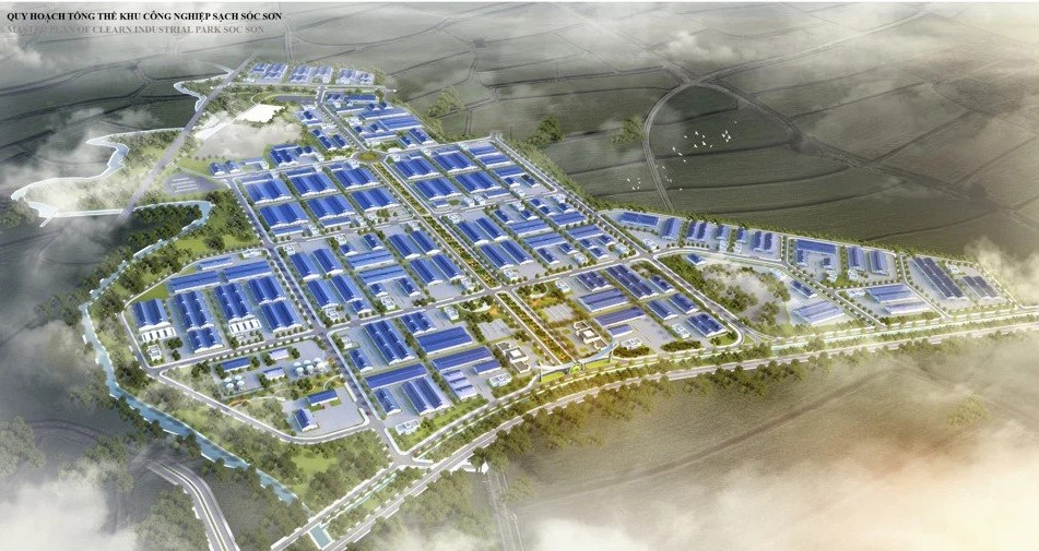 
Phối cảnh quy hoạch tổng thế khu công nghiệp sạch Sóc Sơn.
