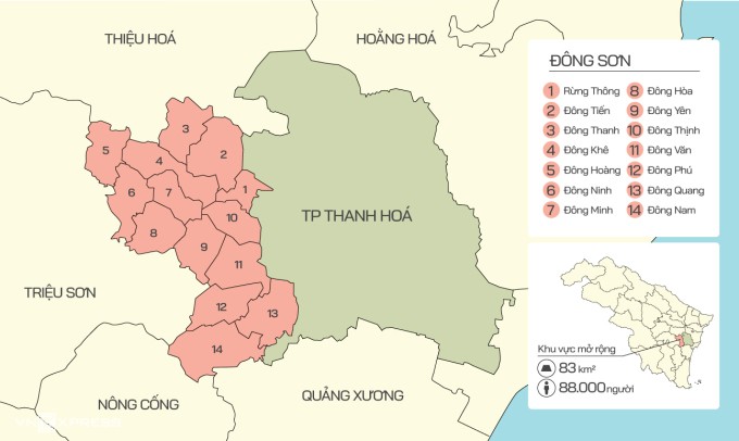 
Phạm vi lập Quy hoạch chung đô thị Thanh Hóa, tỉnh Thanh Hóa đến năm 2040 có tổng diện tích khoảng 22.821 ha, bao gồm huyện Đông Sơn.
