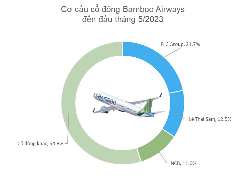 
Cơ cấu cổ đông chính của Bamboo Airways hiện nay là ông Trịnh Văn Quyết với 10% cổ phần, ông Lê Thái Sâm 12,5% cổ phần, ông Doãn Hữu Đoàn 23% và Tập đoàn FLC 21% cổ phần, NCB 10 đến 11% cổ phần
