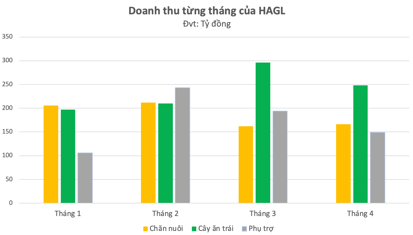 
Trong tháng 4, Hoàng Anh Gia Lai ghi nhận doanh thu thuần đạt 563 tỷ đồng, trong đó 166 tỷ đồng được ghi nhận từ chăn nuôi, cây ăn trái đóng góp 248 tỷ đồng còn 149 tỷ đồng đến từ mảng phụ trợ
