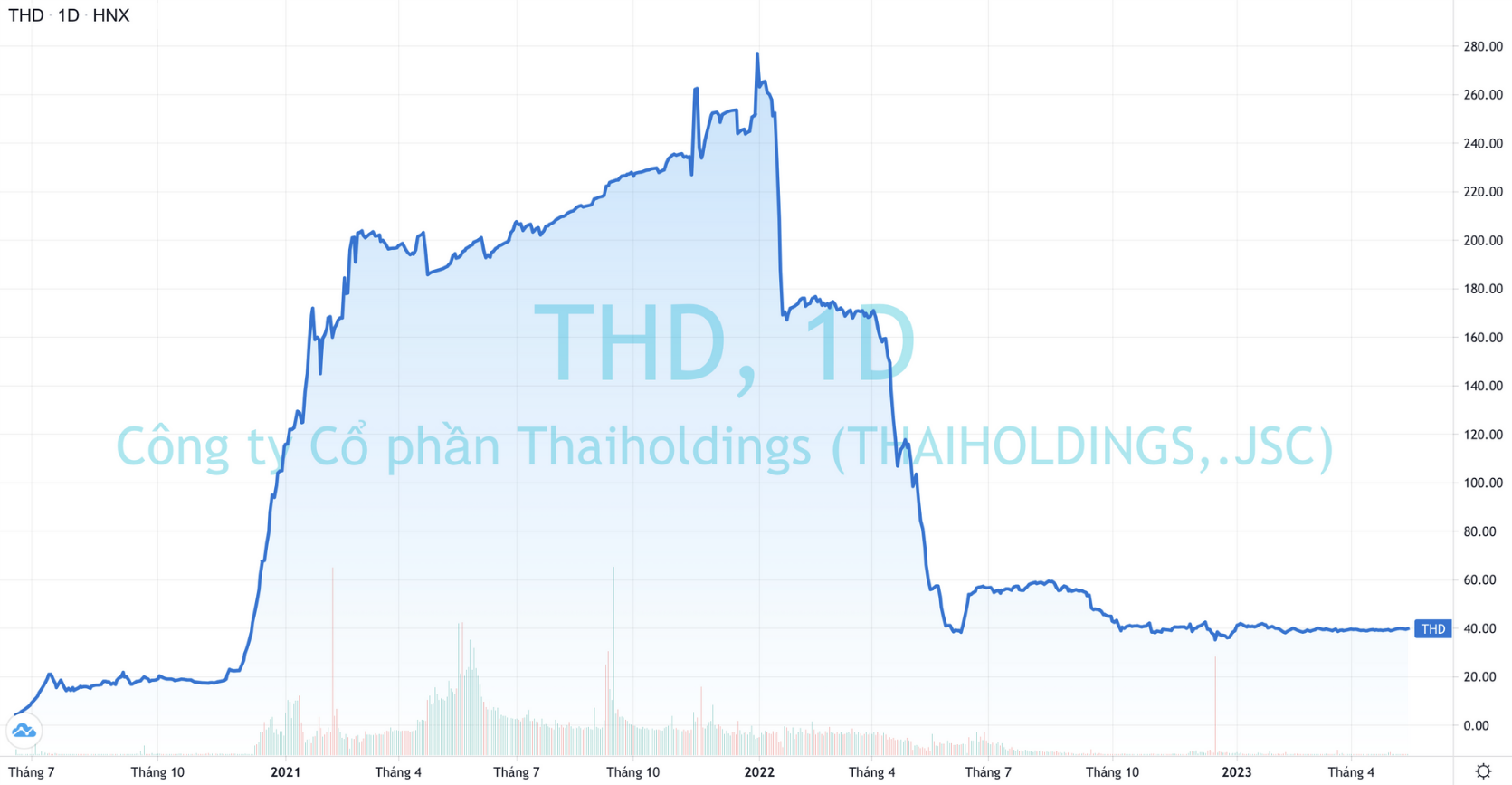 
Sau khi tăng nóng liên tục và đạt đỉnh vào đầu năm 2022, THD sau đó đã rơi mạnh xuống dưới đáy, hiện vẫn đang giao dịch ở dưới vùng đáy dài hạn, quanh mức 40.000 đồng/cổ phiếu
