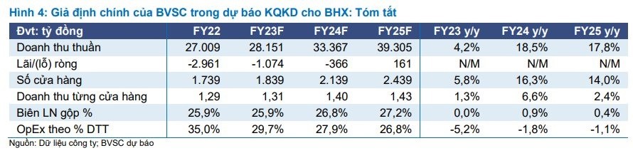 
Giá định chính của BVSC trong dự báo Kết quả kinh doanh cho BHX
