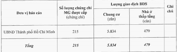 
Số lượng giao dịch bất động sản, chứng chỉ môi giới bất động sản trong quý II/2023. Nguồn: Sở Xây dựng TP Hồ Chí Minh.
