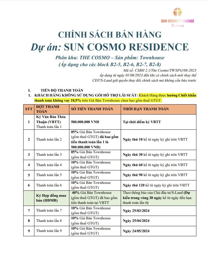 
Chính sách ưu đãi và tiến độ thanh toán phân khu The Cosmo từ tháng 8/2023 - ảnh 1
