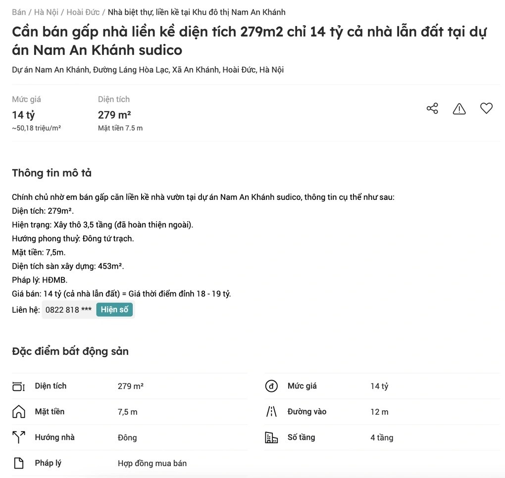 
Thông tin rao bán cắt lỗ một căn liền kề ở khu đô thị Nam An Khánh
