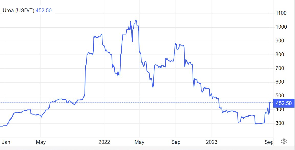 
Dữ liệu từ Investing cho thấy, giá ure kết phiên 8/9 đang ở mức 452 USD/tấn, đã tăng vọt hơn 50% so với thời điểm cuối tháng 6 và giao dịch quanh vùng cao nhất kể từ đầu năm đến nay
